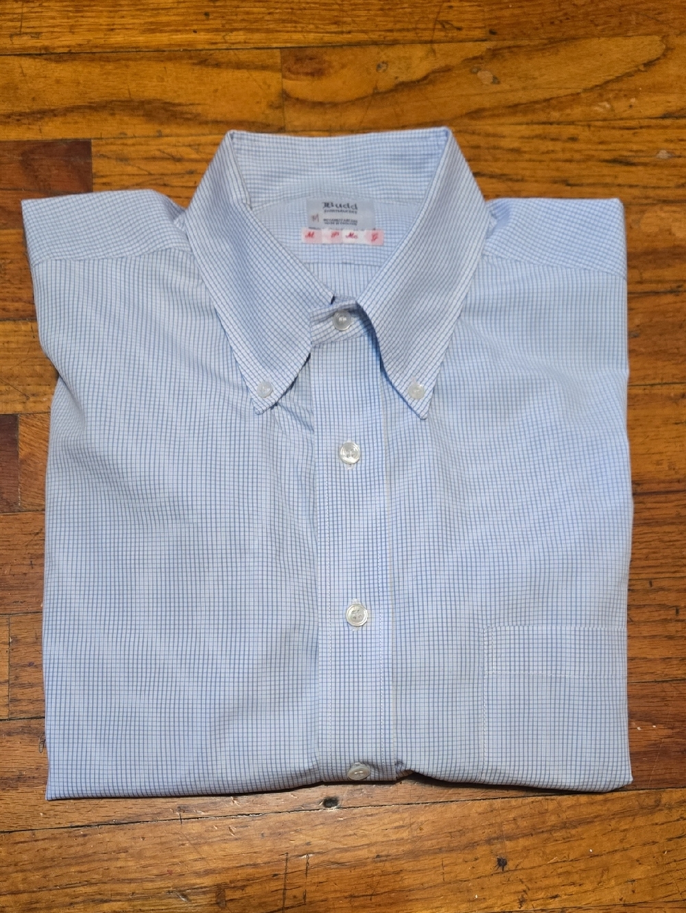 Budd Shirtmakers Shirt Men 17x36 Blue Check LS Button Up Piccadilly Bespoke-